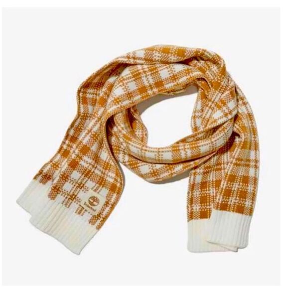 NWT Timberland Scarf Wheat Plaid One Size Winter Fall Logo - Picture 3 of 9